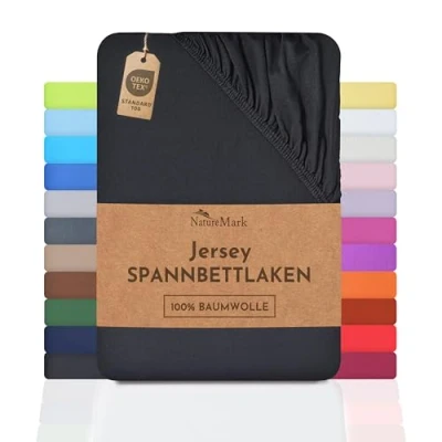 Imagen de NatureMark Sábana Bajera Ajustable de Jersey, 100% algodón en Muchos tamaños y Colores, 180 x 200 cm cm, Negro