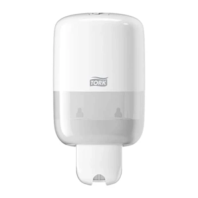 Imagen de Tork Dispensador Mini para Jabón Líquido, Crema de Ducha, Loción Limpiadora Inodoro y Desinfectante Manos, Blanco, Compacto, Sistema Dispensación S2 Económico, 561000