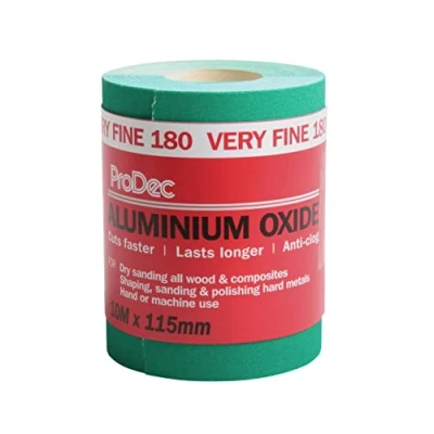 Imagen de ProDec Rollo de papel lija abrasivo óxido aluminio verde grado muy fino grano 180 para lijar madera, pintura, yeso, relleno, metal y más, 115 mm ancho compatible con