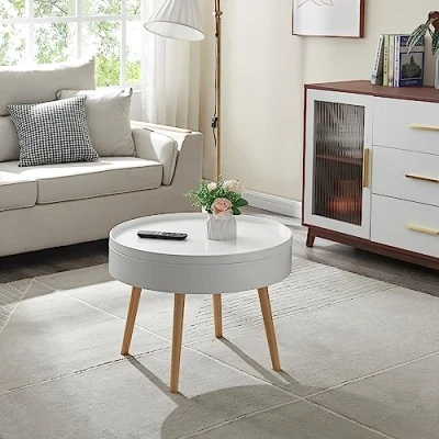 Imagen de [en.casa] Mesa de Centro Redonda Auxiliar con Tapa Extraíble Mesilla Noche para Salón Dormitorio MDF y Madera 45 x Ø 60 cm Blanco Efecto