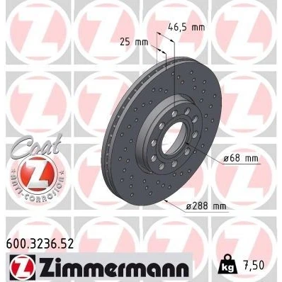 Imagen de ZIMMERMANN SPORT COAT Z 600.3236.52 Disco de freno 288 25 10/5 5 112 ventilación externa, perforado revestido altamente carbonizado