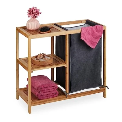 Imagen de Relaxdays Estantería Cesto Ropa Sucia Bambú, 3 Baldas, 65 x 68 33 cm, Saco Extraíble, Cubo Lavandería, Natual/Gris, 50 30 29.5 cm