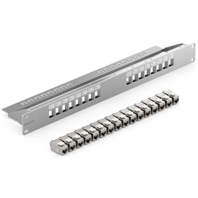 Imagen de deleyCON 16 Puerto Panel de Parches Conjunto Modular 1 HE 19&quot; Pulgadas Instalación en Rack + Módulos RJ45 Keystone CAT6a Compatible con CAT5 CAT6 CAT7 LAN Cables Red Descarga Gris