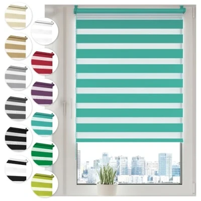 Imagen de Sonello Estor enrollable de doble capa noche y día 110cm x 210cm Turquesa, Klemmfix sin taladrar, Tejido,Fácil Instalar Herramientas para ventanas puertas, proteccion solar,Stores