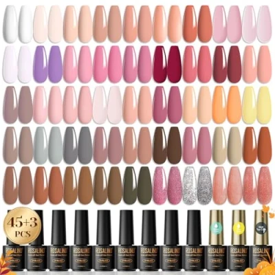 Imagen de ROSALIND 48 Pcs Esmalte Semipermanente, 45 Colores Pintauñas Semipermanentes Remojo con Base, Top Coat Brillante y Mate, de Uñas Blanco Nude Rosa Para