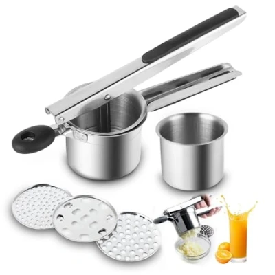 Imagen de Aplastador de patatas acero inoxidable, FHISKUNYU puré con 3 tamices spaetzle intercambiables, mango silicona antideslizante Prensa Apto para lavavajillas