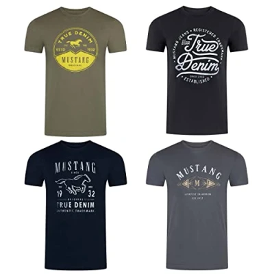 Imagen de MUSTANG Juego de 4 camisetas para hombre con estampado frontal, cuello redondo, manga corta, camiseta regular, 100% algodón, negro, blanco, gris, azul, verde, S, M, L, XL, XXL, 3XL, 4XL, 5XL, 6XL,