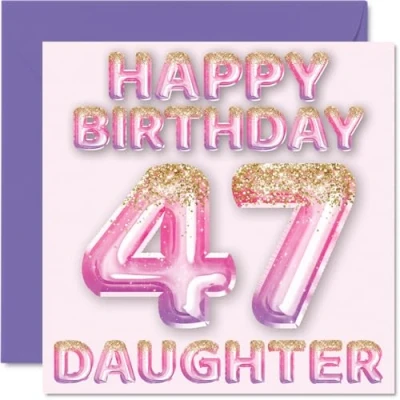 Imagen de Tarjeta de cumpleaños número 47 para hija, globos purpurina rosa y morada, tarjetas feliz hija años parte mamá, papá, padres, felicitación