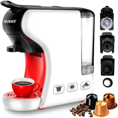 Imagen de SOGO CAFETERA EXPRESO 3 EN 1 Adaptadores para Cápsulas NESPRESSO®, DOLCE GUSTO®, STARBUCKS® Café Molido, Monodosis, Té Presión de 19 Bar Tamaño Compacto (SS 5675) (Blanco)