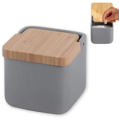 Imagen de Kook Time salero de cocina con tapa madera bambú basculante. gris mate moderno base cerámica para usar como y azucarero o especieros, 11.2 x cm.