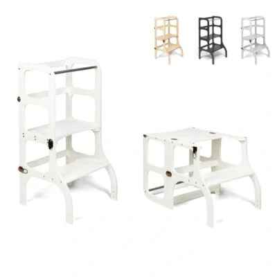 Imagen de Ette Tete Step’n’Sit® Montessori Torre Mesa de Aprendizaje Convertible Multifuncional 2 en 1 (con Cierres latón Antiguo, Blanco)