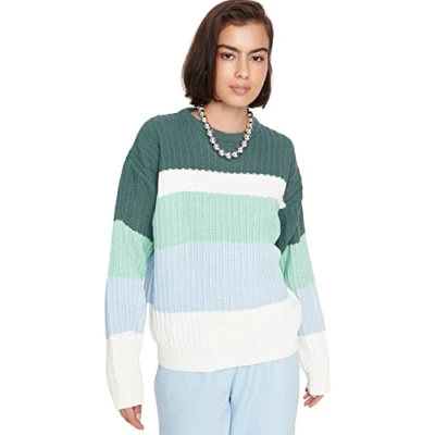 Imagen de Trendyol Suéter Oversize con Cuello Redondo y Bloque de Color Sudadera, Verde, S para Mujer