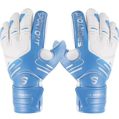 Imagen de Sportout Guantes de portero para jóvenes y adultos, con agarre fuerte las paradas más duras, refuerzos en los dedos una mayor protección evitar lesiones, color azul, tamaño 6