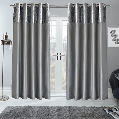 Imagen de Sienna Par de Cortinas Terciopelo aplastado, con Ojales y Anillas, Seda sintética, Paneles Tratamiento para Ventanas, Color Gris Plateado, Ancho 116 cm x caída 167