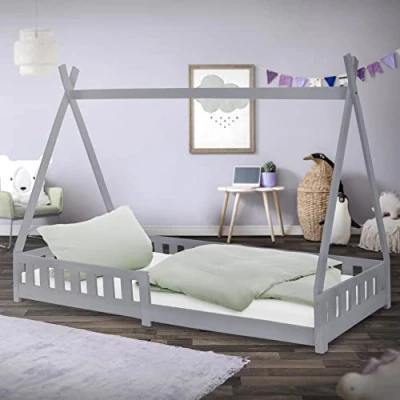 Imagen de ML Design Cama Infantil Tipi Color Gris Claro 200x90 Cm Protección Anticaída Y Somier Estructura Listones De Madera Pino Maciza Forma Casa Mobiliario Juego Tienda Campaña para Niños