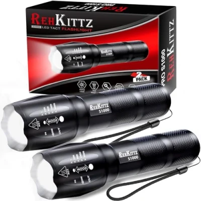 Imagen de REHKITTZ Linternas Led Alta Potencia Super Brillante, (2 Piezas) con Zoom, 2000 Lúmenes Mini Linterna Portátil, 5 Modos, Aluminio para Camping Niños Exterior