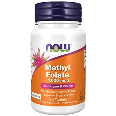 Imagen de Now Foods, Methyl Folate (Ácido Fólico), 1.000mcg, 90 Comprimidos veganos, Probado en Laboratorio, Vitamina B9, Sin Gluten, Soja, Vegetariano