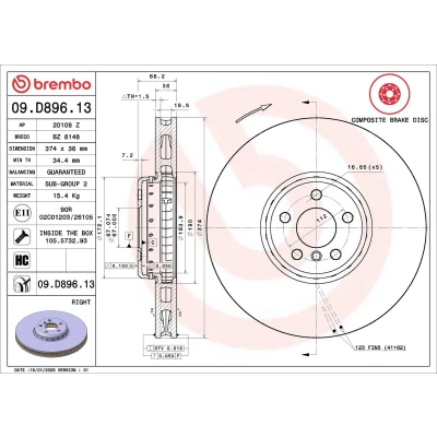Imagen de BREMBO 09.D896.13 disco de freno 374 36 5 dos piezas, ventilación interna revestido altamente carbonizado con tornillos