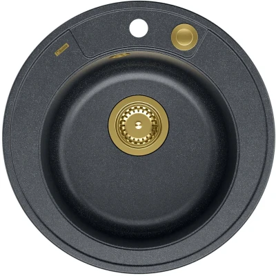 Imagen de QUADRON redondo fregadero de cocina Negro y Dorado tamaño 51 cm, granito MORGAN 210 encastrable con orificio para grifo un seno moderno