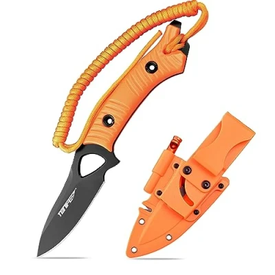 Imagen de TONIFE Explorer Cuchillo de Hoja Fija con Funda 8Cr14MoV Blade Multifuncional Supervivencia, Fibra Vidrio Reforzada Mango Nylon para EDC Cuchillo(Naranja+Negro Titanio)