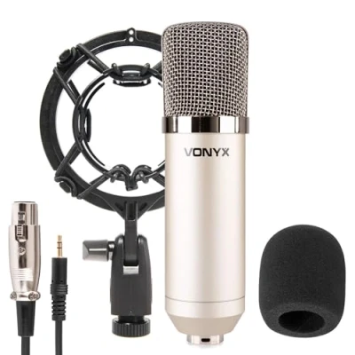 Imagen de Vonyx CM400 Microfono de Estudio, Gaming, Podcast, Streaming, Youtube, Condensador. Ideal para Voz o Instrumentos, conexion Mini Jack con Cable Incluido, Soporte Anti Vibraciones, Color Plata