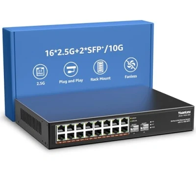 Imagen de 18 Puertos 2.5G Switch Ethernet Umanaged, 16 Base T, 2 10G SFP, Compatible 100/1000Mbps, Fanless Montaje en Bastidor Conmutador de Red YuanLey 2.5Gbe para Ap Inalámbrico, NAS, PC
