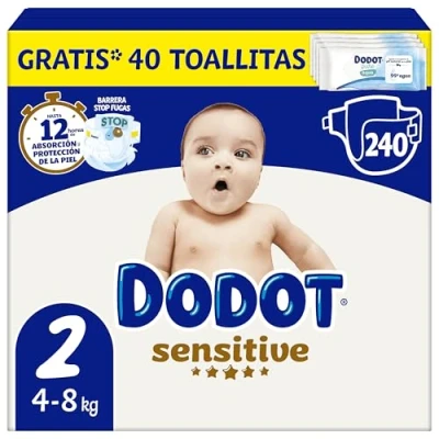 Imagen de Dodot Pañales Bebé Sensitive, Talla 2 (4 8 kg), 240 + 1 Pack de 10 Toallitas Gratis Aqua Plastic Free, Nº1 en Protección la Piel Dodot, Mensual