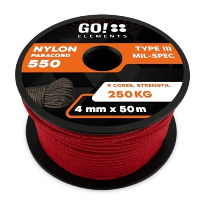 Imagen de GO!elements 50m Paracord de Nylon a Prueba desgarros 4mm 550 Typo III Cuerda Adecuado como Yute &amp; Gruesa MAX. 250kg, Color: Rojo