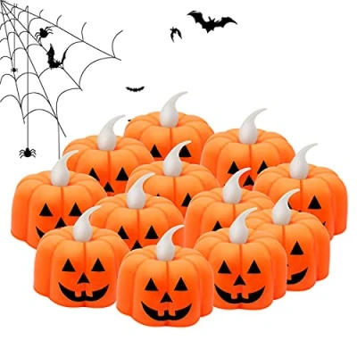Imagen de JYPS 12PCS Velas de Halloween LED,Calabaza Luz,Velas Led Efecto sin Llama Parpadeo,Decoracion Calabaza,Halloween Decoración para Interior y Exterior