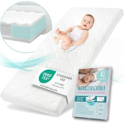 Imagen de Sun Garden colchón para bebé, Infantil de 60x120 cm con Borde Seguridad + Protector colchón, Oeko Tex 100, Cuna, Cama o Cuna Viaje, Funda Lavable hasta 60C.