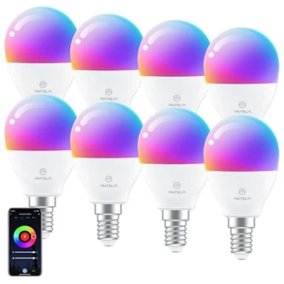 Imagen de ANTELA Bombilla LED Inteligente WiFi G45, Casquillo E14, 4.5W, RGBCCT, Regulable Colores, Luz Cálida Fría 2700 a 6500K, 385lm, Compatible Alexa y Google Home, Vida Útil 15000 Horas, 8pcs