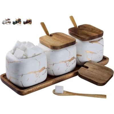 Imagen de TELANKS Juego de 3 azucareros con tapa y cuchara, recipiente para especias cerámica, salero tapa, olla el hogar la cocina