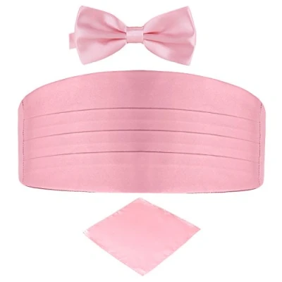 Imagen de DonDon Set de tres piezas Caballero Faja esmoquin Pajarita Pañuelo bolsillo Color a juego Espléndido para ceremonias y ocasiones especiales Rosa