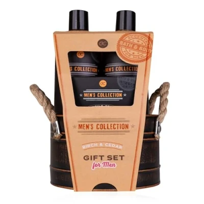 Imagen de Accentra Set de regalo para hombre Collection en cubo chapa, incluye 300 ml champú ml, jabón 100 g, esponja malla 15 aroma abedul y cedro, color marrón