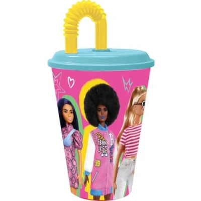 Imagen de TataWay in viaggio si cresce Barbie vaso de plástico rosa y azul para niña 430 ml con pajita tapa flexible