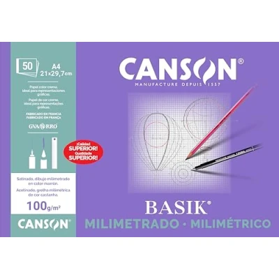 Imagen de CANSON Milimetrado Basik, Papel milimetrado, Suave, 100 gsm, Encolados por el lado corto, A4 21 x 29,7 cm, blanco con estampado buff, 50 Hojas