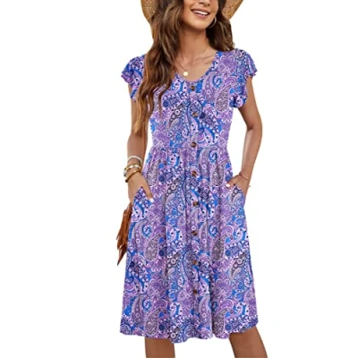 Imagen de MOLERANI Ropa De Verano Femenina Manga Lateral Volantes Cuello V Balanceo Casual Cintura Elástica Bolsillo Vestido Midi Flores Paisley Moradas S