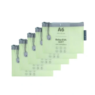 Imagen de Grafoplas Pack de 5 Bolsas con Cremallera EVA Soft a6, Verde Pastel, Tacto Suave, Zipper Bags Hechas Goma EVA, Ideal para Transportar y Proteger Todo Tipo Artículos Documentos