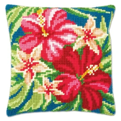 Imagen de Vervaco Hibiskus Blüten Cojín de Cruz preimpreso, Algodón, Colores Variados, ca. 40 x cm / 16&quot;