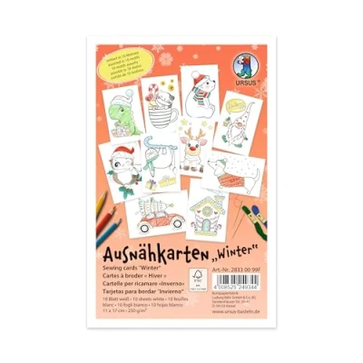 Imagen de Ursus 28330099F Tarjetas de Costura para niños, Invierno, Aprox. 11 x 17 cm, Bordar y Colorear 10 Blancas con Motivos, Craft 250 g/m², Cartón, Multicolor, One Size
