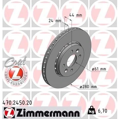 Imagen de ZIMMERMANN COAT Z 470.2450.20 Disco de freno 280 24 6/4 4 100 ventilación externa revestido altamente carbonizado DACIA: Lodgy, Dokker Express