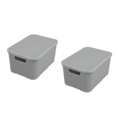 Imagen de BranQ Home essential Juego de 2 cestas con tapa en diseño ratán, tamaño S 7 l, sin BPA, plástico PP, gris claro, 28,5 x 19,5 12,9 cm, unidades,