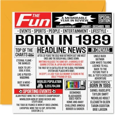 Imagen de tarjetas de cumpleaños número 35 para hombres y mujeres Born In 1989 Newspaper Tarjeta feliz hermano, hermana, amigos, vintage, retro, en 1989, 145 mm x mm,