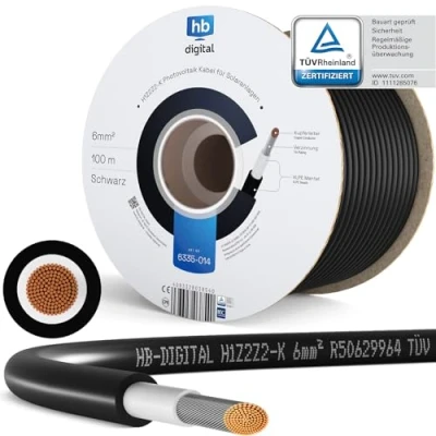 Imagen de hb digital 100m Cable solar 6 mm2 H1Z2Z2 K Probado por TÜV Rheinland Resistente a los rayos UV Flexible Cobre puro 1500 V de extensión fotovoltaico para panel placa