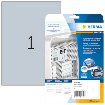 Imagen de HERMA 4593 etiquetas plateadas para placa identificativa, 10 hojas, 210 x 297 mm, 1 hoja por A4, unidades, autoadhesivas, imprimibles, resistentes a la intemperie, en blanco