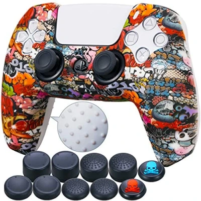 Imagen de 9CDeer 1 x Silicona Transferir Impresión Protector Grueso Cubrir Piel + 10 Apretones de Pulgar para Playstation 5 / PS5 Mando Pequeños cráneos