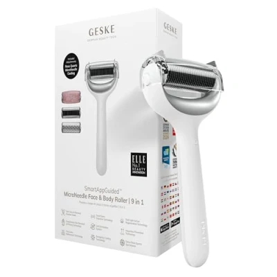 Imagen de GESKE SmartAppGuided™ MicroNeedle Face &amp; Body Roller 9 en 1 Cuarzo rosa Rodillo derma eléctrico microagujas Dispositivo de agujas belleza cara/cuerpo