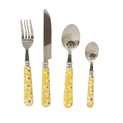 Imagen de CUBERTERIA 24 CUBIERTOS CUCHARA TENEDOR CUCHILLO CUCHARILLA FLORES AMARILLO