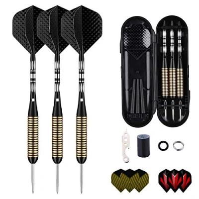 Imagen de sanfeng Dardos Punta de Acero 27 Gramos, Profesionales con Ejes Aluminio Negro 9 Vuelos 50pcs Juntas tóricas Antideslizantes Goma 1 Dart Sharpener Tool