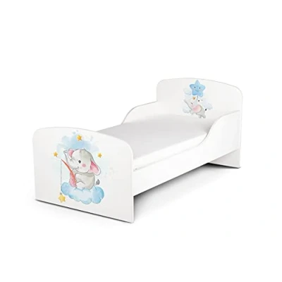 Imagen de leomark Blanco Cama Infantil Completa de Madera Baby Elephant Colchón, Somier, Muebles para Niños, Espacio Dormir: 140/70 cm,